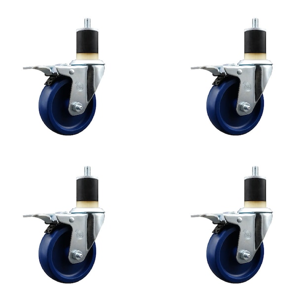 4'' SS Solid Poly Swivel 1-7/8'' Expanding Stem Caster Set Total Lock Brake, 4PK